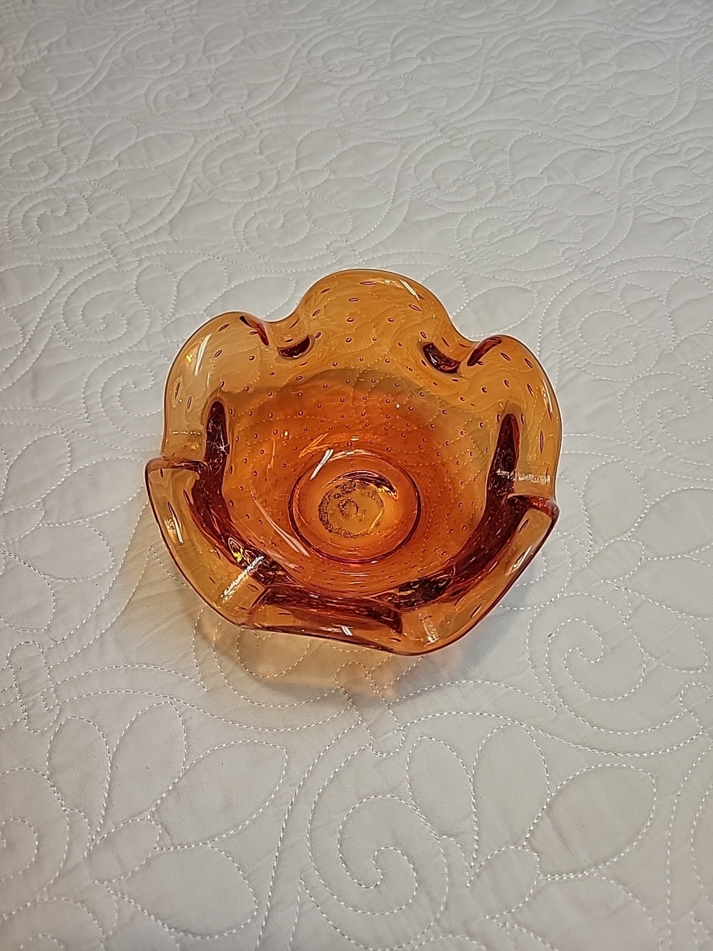 Vintage Murano Bullicante Art Glass Bowl – Amber Amberina Controlled Bubble Dish